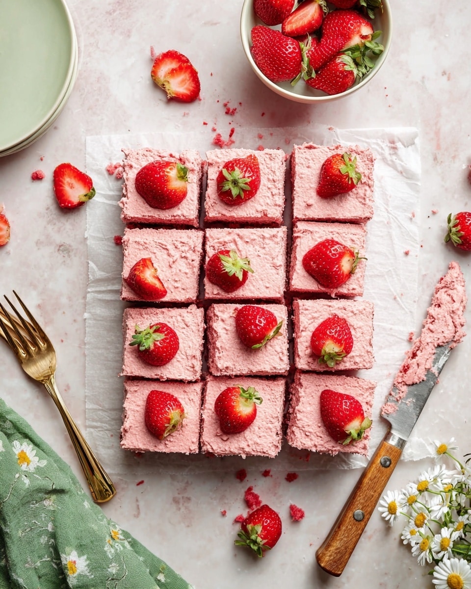 A set of fifteen square dessert pieces arranged in a grid on white parchment paper, each piece topped with a thick, textured pink frosting layer. Several pieces are decorated with bright red, fresh strawberry halves placed on top, adding a fresh and juicy look. Surrounding the desserts are scattered strawberry halves and crumbs. To the upper side is a white bowl filled with halved strawberries. A knife with a light wooden handle lies on the right side with some frosting on its blade. On the left bottom corner, two golden forks rest on the white marbled surface. A white plate is partially visible on the left edge and a green cloth with small white daisies is draped on the bottom right corner. The whole scene sits on a white marbled background. photo taken with an iphone --ar 4:5 --v 7