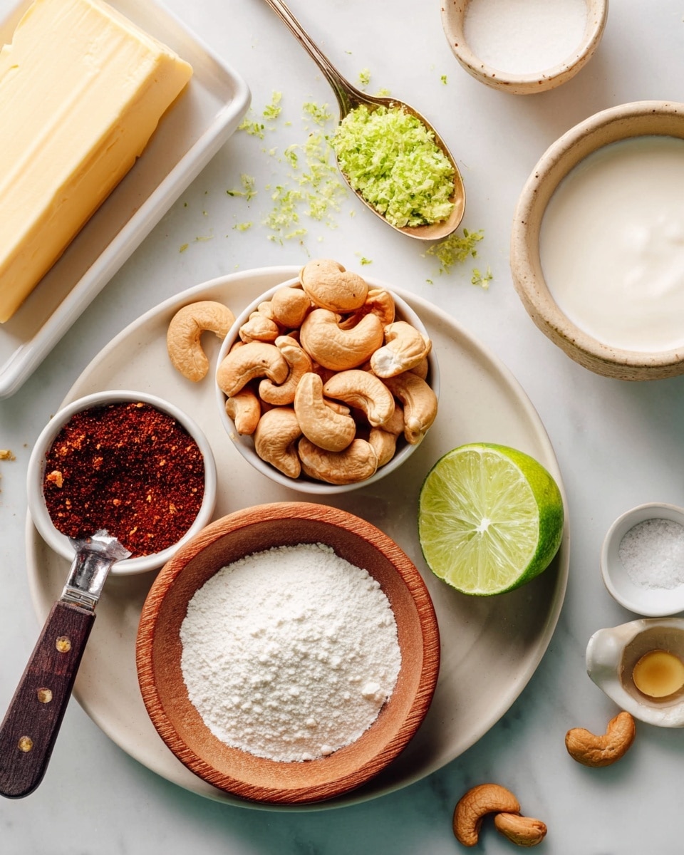 A white round plate holds a small white bowl filled with light brown cashews on the right side. Next to it is a green lime half placed directly on the plate. In front of the cashews is a small round wooden bowl filled with white powder, likely flour or sugar. On the left side of the plate sits a small white bowl with dark red spicy powder. Above it, a silver spoon with a dark wooden handle holds bright green lime zest, with some zest scattered around the plate. Surrounding the plate are several other ingredients including a white dish with a rectangular block of pale yellow butter, two small white spoons containing salt and light brown sauce, and a beige bowl filled with white creamy mixture. The whole setting is on a white marbled surface. Photo taken with an iphone --ar 4:5 --v 7