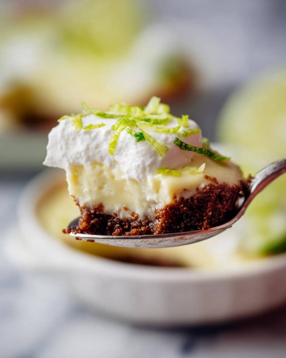 The image shows a close-up of a spoon holding a layered dessert. The bottom layer is dark brown and looks crunchy or crumbly. Above it is a thick, smooth, creamy pale yellow layer. On top of this creamy layer, there is a dollop of white whipped cream with bright green strips of lime zest sprinkled over it. In the blurred background, a white bowl holds the rest of the dessert, placed on a white marbled surface. Photo taken with an iphone --ar 4:5 --v 7