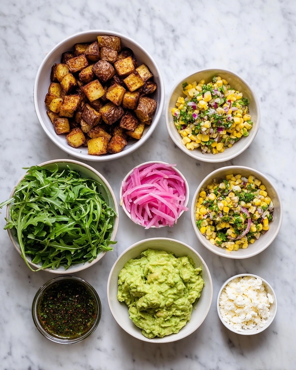 The image shows seven white bowls arranged on a white marbled surface. The largest bowl at the top left contains golden-brown roasted potato cubes with a crispy texture. Below it is a bowl filled with fresh, bright green arugula leaves. To the right of the arugula is a bowl with a mix of yellow corn kernels, finely chopped red onion, and green herbs creating a colorful and textured salad. At the top center, there is a small bowl of thin, bright pink pickled onions. Below that and slightly to the right is a small bowl of dark green chimichurri sauce with visible herbs and chili flakes. To the right of chimichurri is a bowl filled with light, crumbly white cheese. Lastly, on the far right is a bowl holding creamy, textured guacamole with some visible chunks of avocado. All bowls are set neatly on the surface. photo taken with an iphone --ar 4:5 --v 7