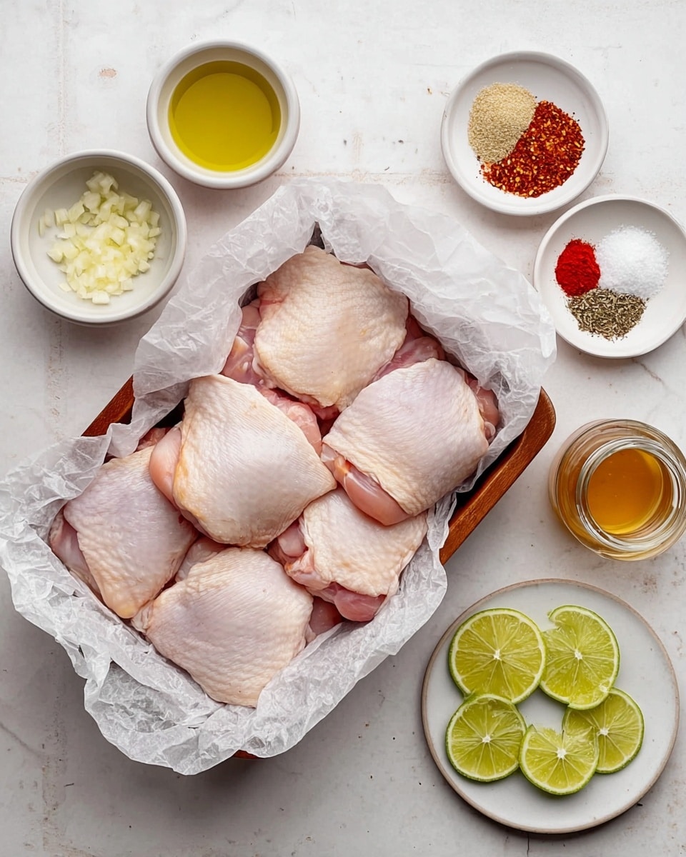 The image shows about eight raw chicken thighs placed in one layer on white crinkled parchment paper inside a small wooden tray. On the left side, there are two small white bowls, one with olive oil and the other with chopped garlic. On the top right, a small white dish holds four different spices in separate piles: salt, red chili flakes, paprika, and ground cumin. Near it is a small clear jar with honey or syrup. On the far right, a small white plate has several lime slices arranged in a single layer. Everything is set on a white marbled surface. Photo taken with an iphone --ar 4:5 --v 7
