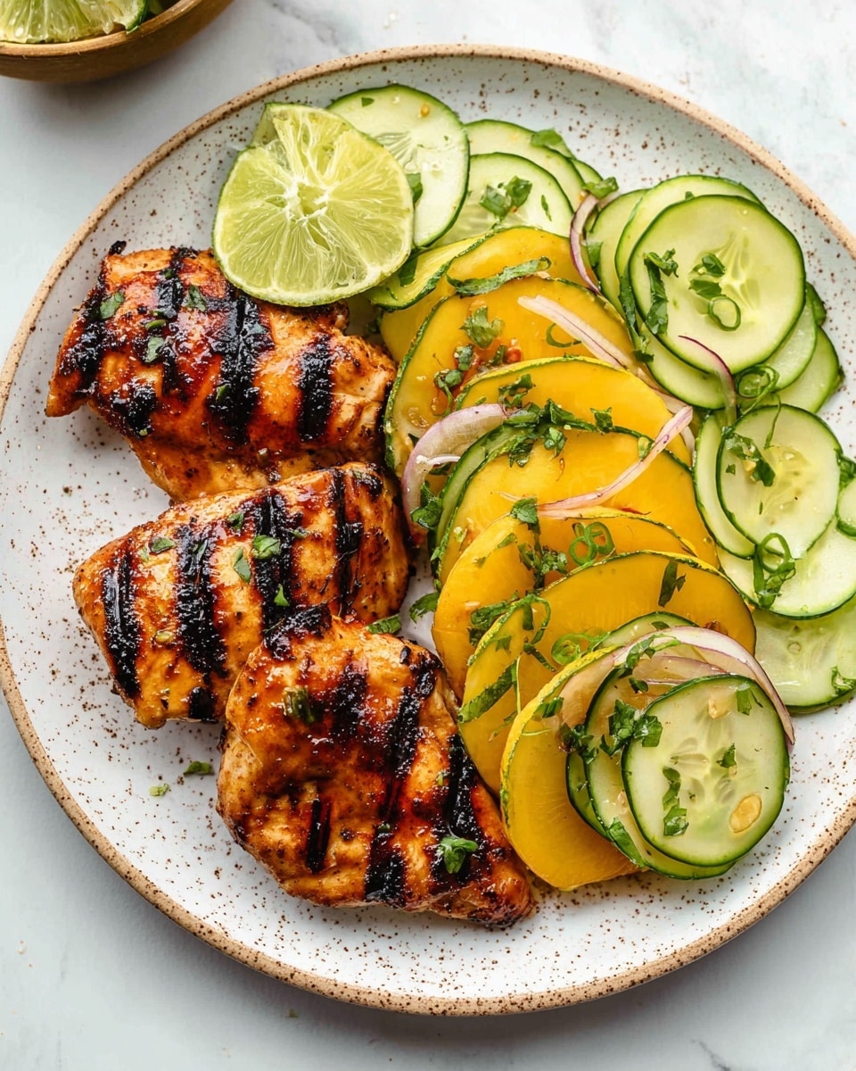 The dish shows three pieces of grilled chicken with dark grill marks on a white speckled plate, placed mostly to the left side. On the right side, there are several slices of yellowish peach layered with thin green cucumber slices, some sprinkled with chopped green herbs and thin white onion rings. A wedge of lime rests near the chicken with another lime wedge tucked beside the peach and cucumber salad. The background surface is white marbled. photo taken with an iphone --ar 4:5 --v 7