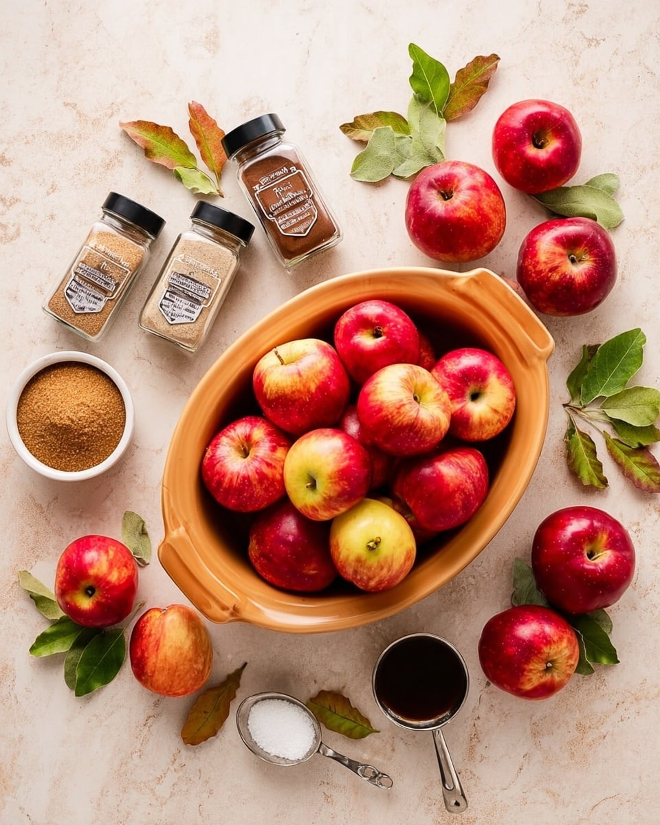 A top view of a light orange baking dish full of red and light yellow apples. Around the dish, on a white marbled background, are three glass spice jars with black lids containing ground cloves, cinnamon, and nutmeg, a small white bowl with brown sugar, a small white bowl with white sugar, a small metal cup with dark syrup, and several red and light yellow apples scattered with green leaves. The scene shows fresh ingredients ready for baking. photo taken with an iphone --ar 4:5 --v 7