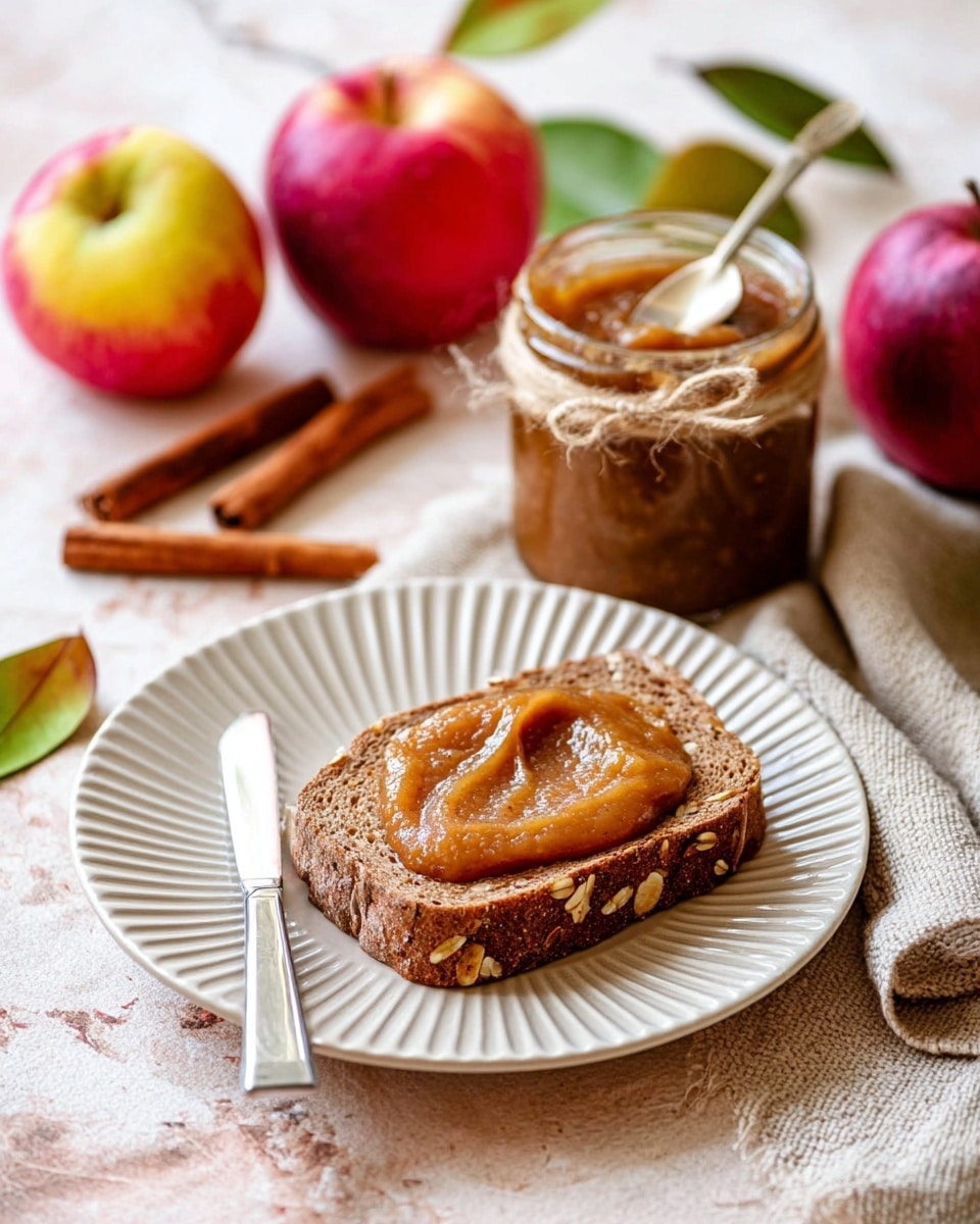A small glass jar filled with thick, smooth, brown apple cinnamon sauce sits on a white plate. A silver spoon holding a scoop of the sauce is held above the jar. Two cinnamon sticks lie parallel on the plate next to the jar. Around the plate are fresh red and yellow apples with green leaves, all set on a white marbled surface. photo taken with an iphone --ar 4:5 --v 7