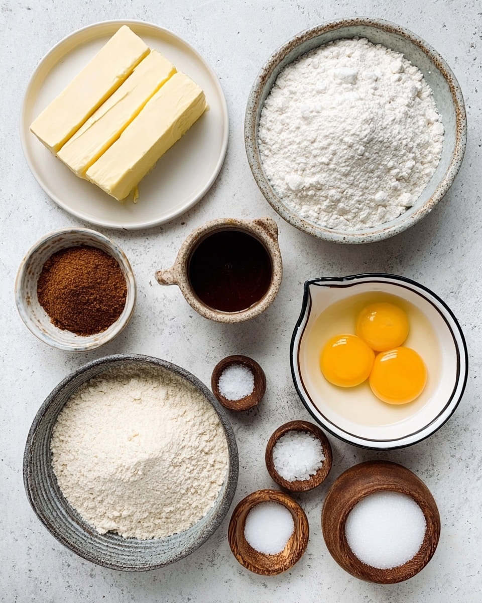 A top view of different baking ingredients arranged neatly on a white marbled surface, each in its own bowl or plate. On the left, there is a white plate with two rectangular sticks of pale yellow butter. Next to it, near the top center, a small rustic cup filled with dark brown liquid. Below it, a grey textured bowl holds a heaping pile of white flour. In the middle top is a round ceramic bowl filled with fine white sugar. To its right, a white bowl with a thin black rim contains a mix of brown sugar and cinnamon. Below it, a white ceramic measuring cup with two raw egg yolks and whites inside, glowing bright yellow and clear. At the bottom center, three small wooden bowls hold white baking soda, white powdered baking powder, and fine white salt respectively. photo taken with an iphone --ar 4:5 --v 7
