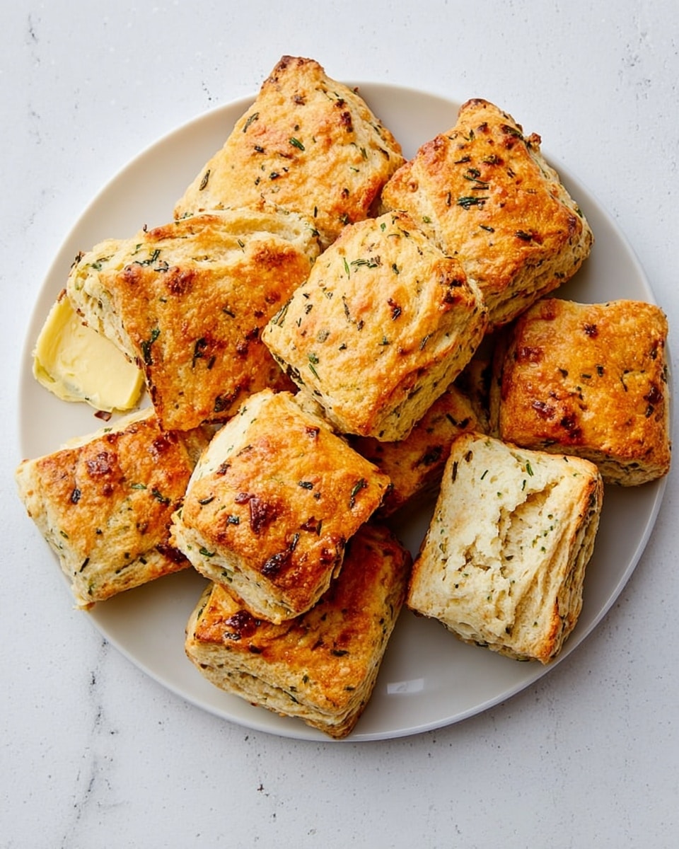 The image shows a white plate filled with nine square-shaped biscuits that have a golden-brown crust with visible herbs sprinkled on top and mixed inside the dough. The biscuits are arranged in a casual pile, some slightly tilted to show their flaky texture with layers inside. A knife with butter on it lies on the edge of the plate. The plate sits on a white marbled surface, creating a clean and bright background. photo taken with an iphone --ar 4:5 --v 7