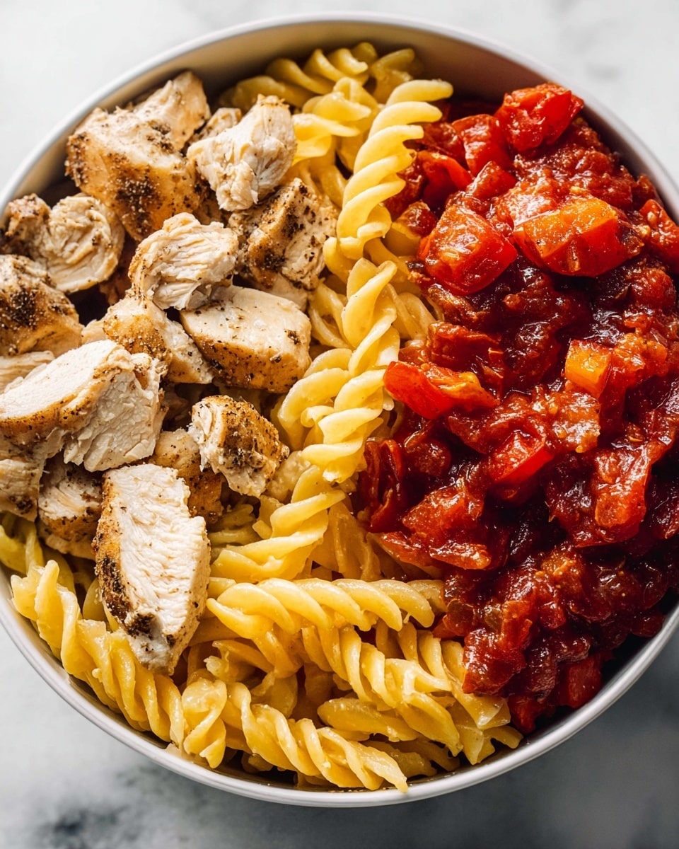 The image shows a close-up of a dish in a white bowl on a white marbled surface. The dish has three main layers placed side by side: on the left, there are pieces of light brown cooked chicken with some grill marks and a slightly rough texture; in the middle, there is a pile of yellow spiral pasta with a smooth, firm look; on the right, there is a thick, red tomato sauce mixed with chunky pieces of cooked tomatoes, showing a rich and slightly rough texture. The colors are warm and natural, and the image is clear and detailed. Photo taken with an iphone --ar 4:5 --v 7