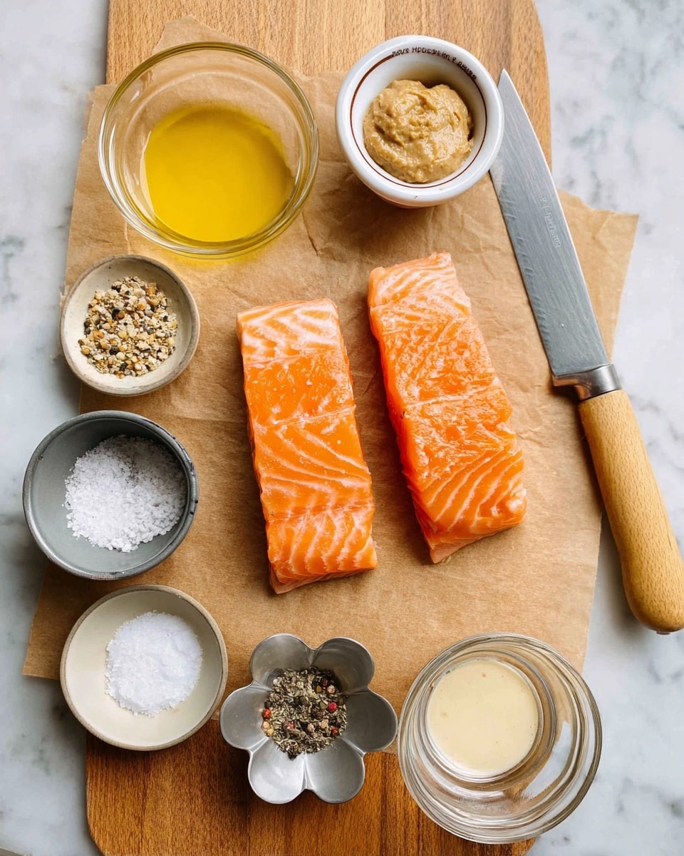 The image shows two pieces of raw orange salmon with white lines on a brown paper on a wooden board. Above the salmon is a knife with a light wooden handle. Around the salmon, there are six small bowls: a clear glass bowl with a light brown paste at the top center, a white ramekin with yellow oil on the bottom left, a gray metal bowl with white salt near the center, a clear glass bowl with a light liquid to the right of the salt, a clear glass bowl with a light beige paste at the bottom right, and a flower-shaped small metal bowl with black pepper near the bottom center. On the left, a white bowl holds crushed mixed seasoning. The board is placed on a white marbled surface. Photo taken with an iphone --ar 4:5 --v 7