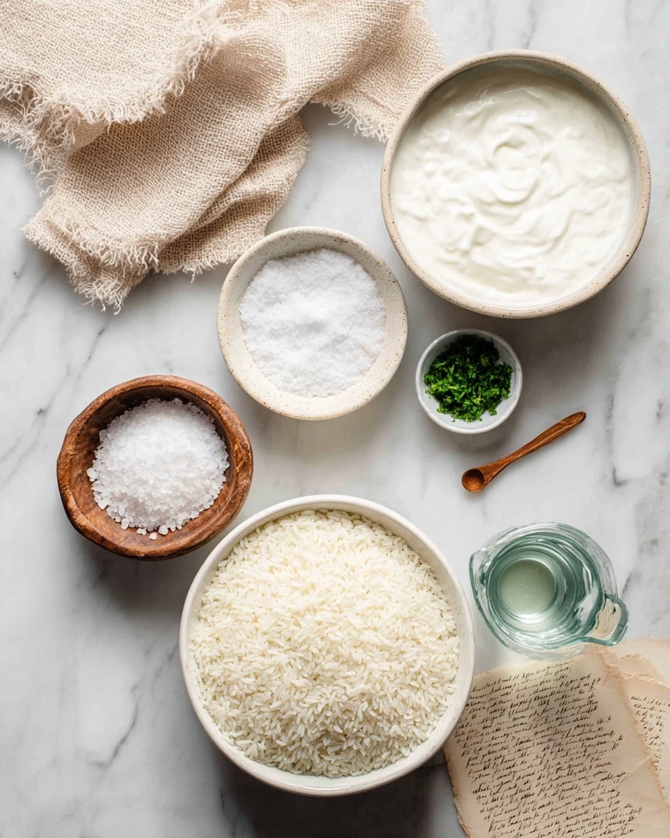 The image shows six containers on a white marbled surface with a beige cloth in the top left corner. In the center bottom, there is a white bowl filled with uncooked white rice, showing the texture of each grain. To the right of this bowl, there is a smaller white bowl with white salt. Above this bowl, there is a small white bowl with green chopped herbs and a tiny wooden spoon inside. On the top right side, a larger white bowl is filled with a thick white yogurt or cream, smooth on top. To the left of the yogurt bowl, there is a small wooden bowl filled with coarse white salt. Next to the wooden bowl on the left side, a clear glass container holds a transparent liquid, likely water. A piece of handwritten paper is partially visible under the bowls on the right side. The scene is well-lit and natural, with a rustic look. Photo taken with an iphone --ar 4:5 --v 7