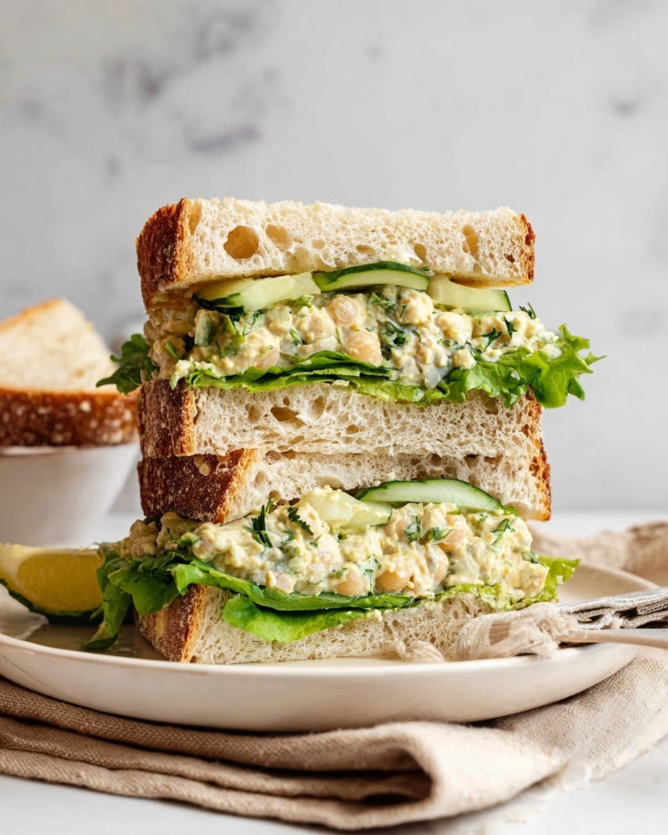 A tall sandwich stacked in two parts, each with three layers. The top and bottom layers are thick slices of crusty bread with a light golden crust and a soft, airy inside with big holes. The middle layers include a creamy chickpea salad mixed with green herbs, bright green crisp lettuce leaves, and thin slices of pale yellow cucumber placed on top. The sandwich sits on a round white plate with a folded beige cloth nearby, all set on a white marbled surface with a neutral background. Photo taken with an iphone --ar 4:5 --v 7
