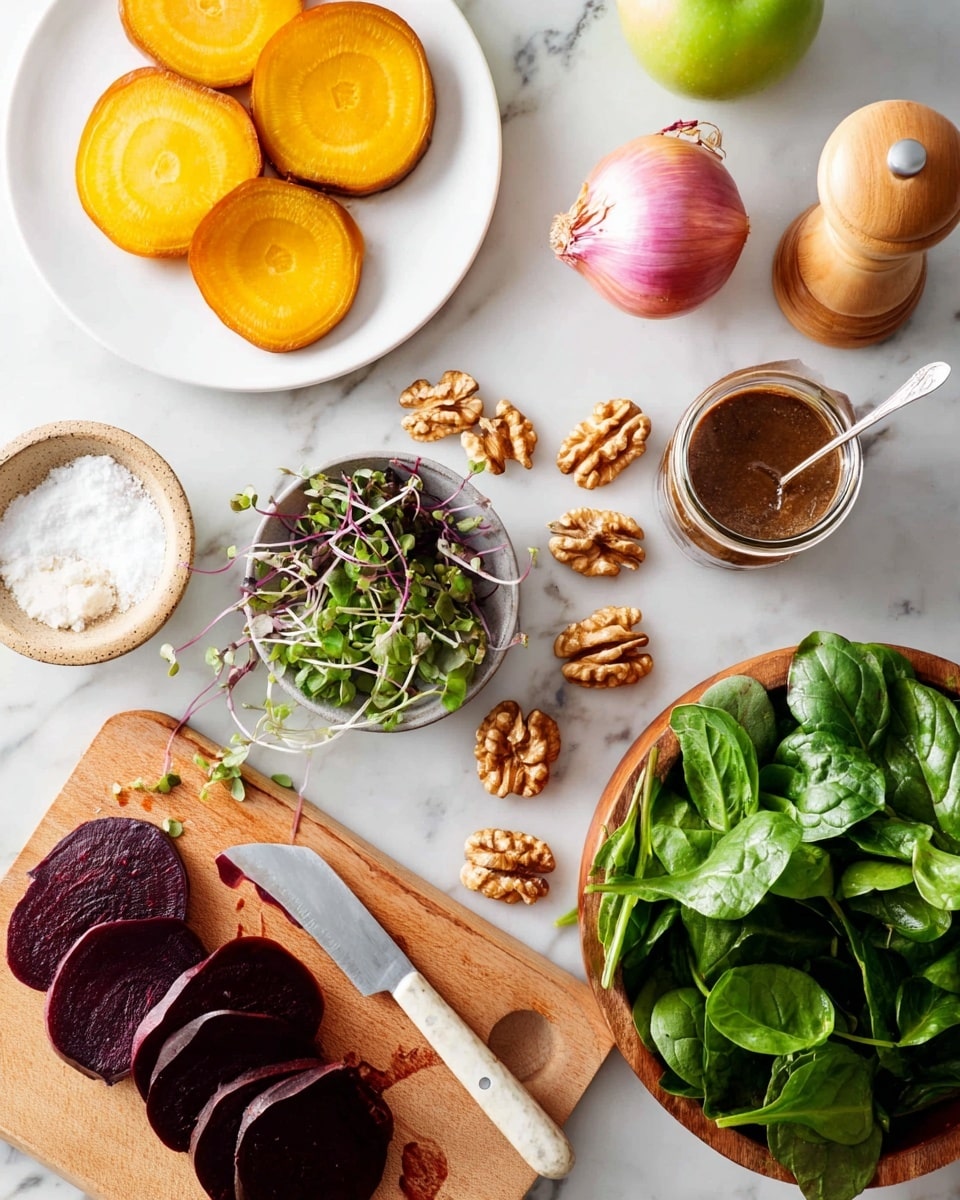 The image shows a top view of fresh ingredients arranged on a white marbled surface. On the left, a white plate holds several thin, round, orange-yellow slices of golden beet. Below, a wooden cutting board has dark purple slices of beet and a silver knife with a pale handle. A small bowl with green and purple microgreens is placed near the center. To its right, a wooden bowl is full of bright green leafy spinach. Scattered near the bowl are several light brown walnut halves. Above the walnuts, a whole shallot with a pinkish skin sits on the surface. A small wooden bowl contains white coarse salt next to a small ceramic plate with a soft white cheese. Near the top center, there is an open jar of brown dressing with a silver spoon inside, and a light wooden pepper grinder is placed to the upper right. A green apple is near the top left. Photo taken with an iphone --ar 4:5 --v 7
