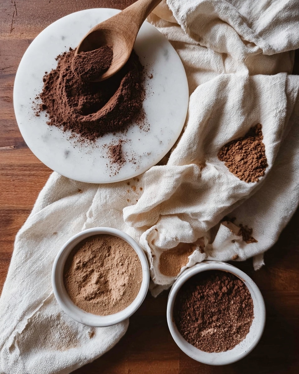 The image shows a wooden surface with a white marbled texture underneath a light beige cloth draped across it. On the left, there is a white plate holding a wooden spoon full of a dark brown powder, with some of the powder scattered on the plate. Nearby, three small white bowls contain different powders: one has a light brown sugar-like texture, another is filled with dark brown powder, and the third is partially visible with a mix of brown granules. The scene has a warm, rustic feel with soft lighting. Photo taken with an iphone --ar 4:5 --v 7