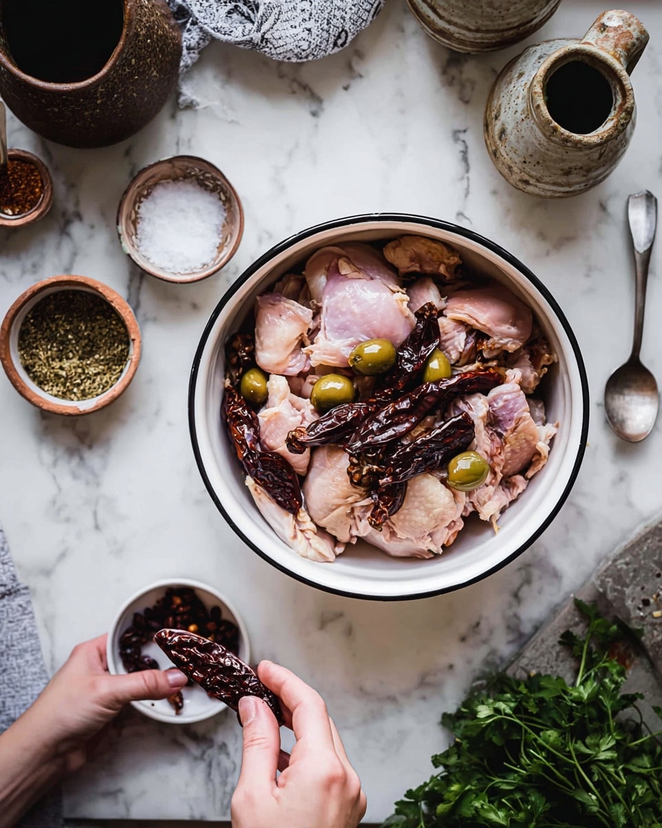 The image shows a white bowl with a black rim filled with raw, light pink chicken pieces layered with scattered green olives and dark brown dried chilies. The chicken pieces form the thick base layer, and the chilies and olives are placed randomly on top and around the chicken. A woman's hand is holding one dried chili above the bowl while another woman's hand holds a small white bowl filled with more dried chilies. The scene is set on a white marbled surface with various small bowls containing salt, spices, and a bunch of fresh green herbs placed nearby. There are also a couple of rustic ceramic jugs and a spoon visible in the upper right corner. photo taken with an iphone --ar 4:5 --v 7