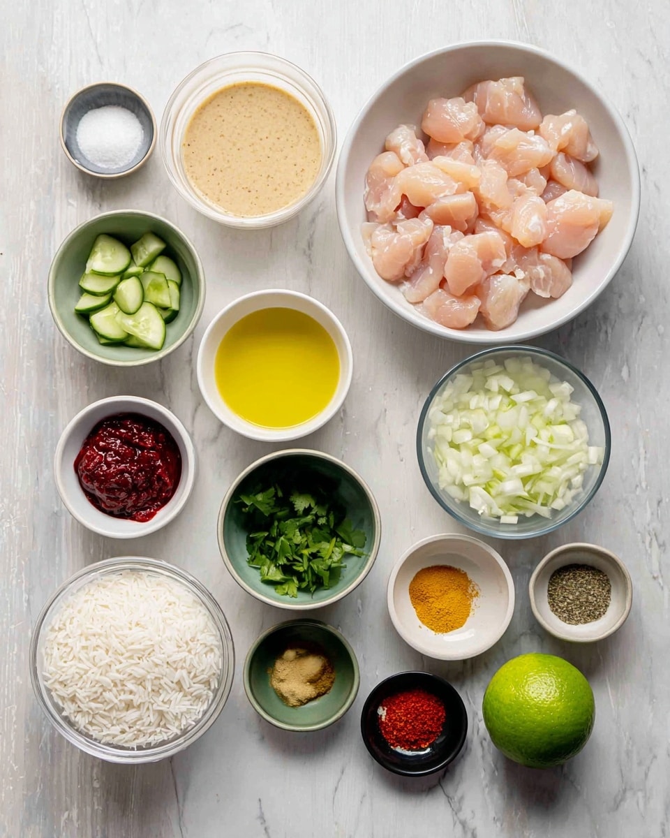 A top-down image showing several small bowls arranged neatly on a white marbled surface. The largest bowl on the right holds many pieces of light pink raw chicken chunks. To its left, a white bowl contains thick beige sauce with a smooth texture, and next to it is a small white bowl with bright yellow oil. Below these are several small bowls with various colorful ingredients: a white bowl with deep red paste, a white bowl with green cucumber slices, a white bowl with fresh green cilantro leaves, a dark bowl with minced garlic, a green bowl with minced ginger, and three tiny white bowls containing golden turmeric powder, pale green dried herbs, and red paprika powder. Nearby, a whole lime adds a green pop of color. At the bottom left is a white bowl filled with uncooked white rice, and a clear bowl filled with chopped white onions sits next to it. The setup is clear and organized with a natural and fresh look, photo taken with an iphone --ar 4:5 --v 7