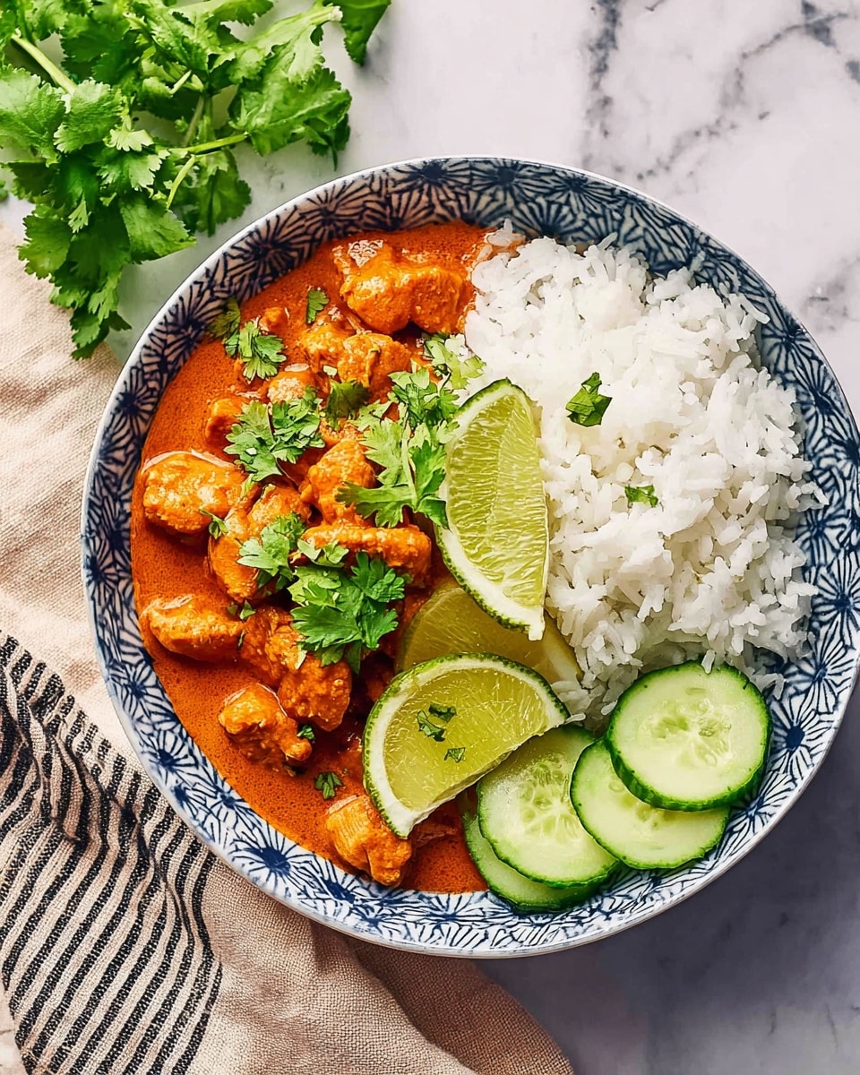 A white bowl with a blue patterned inner edge holds a meal with three main parts. On the right side is a neat pile of fluffy white rice. Next to it on the left is a rich orange curry filled with small chunks of tender chicken, garnished with fresh green cilantro leaves scattered on top. On the curry, three lime wedges with a fresh green rind and pale green inside are placed neatly. At the bottom right edge of the bowl, there are thin, round slices of cucumber arranged in a small stack. The bowl sits on a beige napkin with black stripes, all placed on a white marbled surface. Photo taken with an iphone --ar 4:5 --v 7