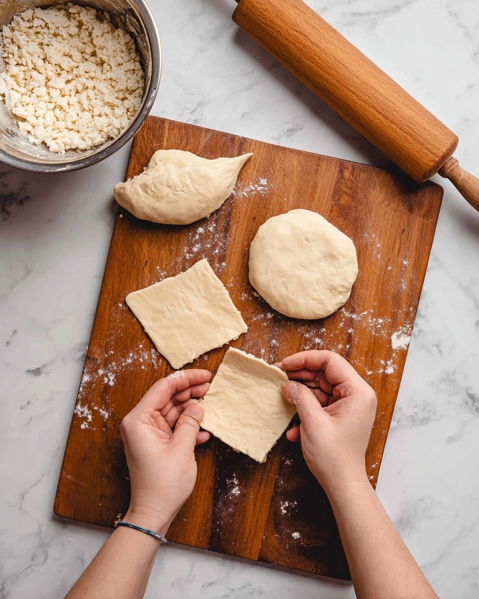 A top view of a wooden cutting board with four pieces of dough arranged on it: one round piece in the top right, one round piece on the bottom left partly cut off, and two square pieces in the center and top middle, with the woman's hands holding the square piece in the center. Above the cutting board on the white marbled surface is a metal bowl containing a crumbly mixture and a rolling pin with a wooden handle to the right of the board. Photo taken with an iphone --ar 4:5 --v 7