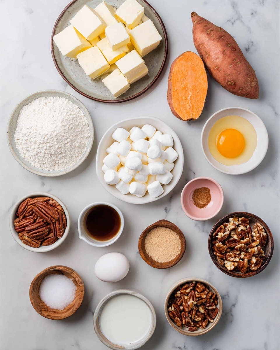 The image shows several ingredients arranged neatly on a white marbled surface. There are two whole sweet potatoes, one cut in half showing its orange inside. A white bowl holds small white marshmallows in the center. Surrounding it are a small wooden dish with coarse salt, a round white bowl with flour, a white plate with melted butter, a small white bowl with brown sugar, a small white bowl with chopped pecans, a small white bowl with dark syrup, a small pink bowl with light brown sugar, a small white bowl with cream, and one white egg placed on the surface. A round metal plate holds cubes of butter near the top left. Each item is clearly separated and well lit. photo taken with an iphone --ar 4:5 --v 7