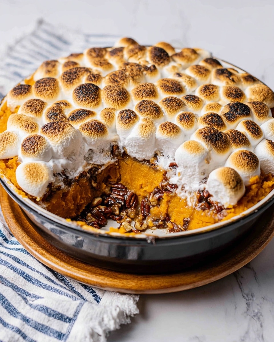 A round pie with three visible layers: the bottom crust is golden brown and flaky with some burnt edges; the middle layer is a bright orange, smooth pumpkin filling; the top layer consists of small toasted marshmallows that are light brown on top and white underneath, slightly melted and spread across the surface. The pie has a section missing, showing the inside layers and moist texture. The pie sits on a white marbled surface, and the dish is inside a clear glass pie plate. photo taken with an iphone --ar 4:5 --v 7