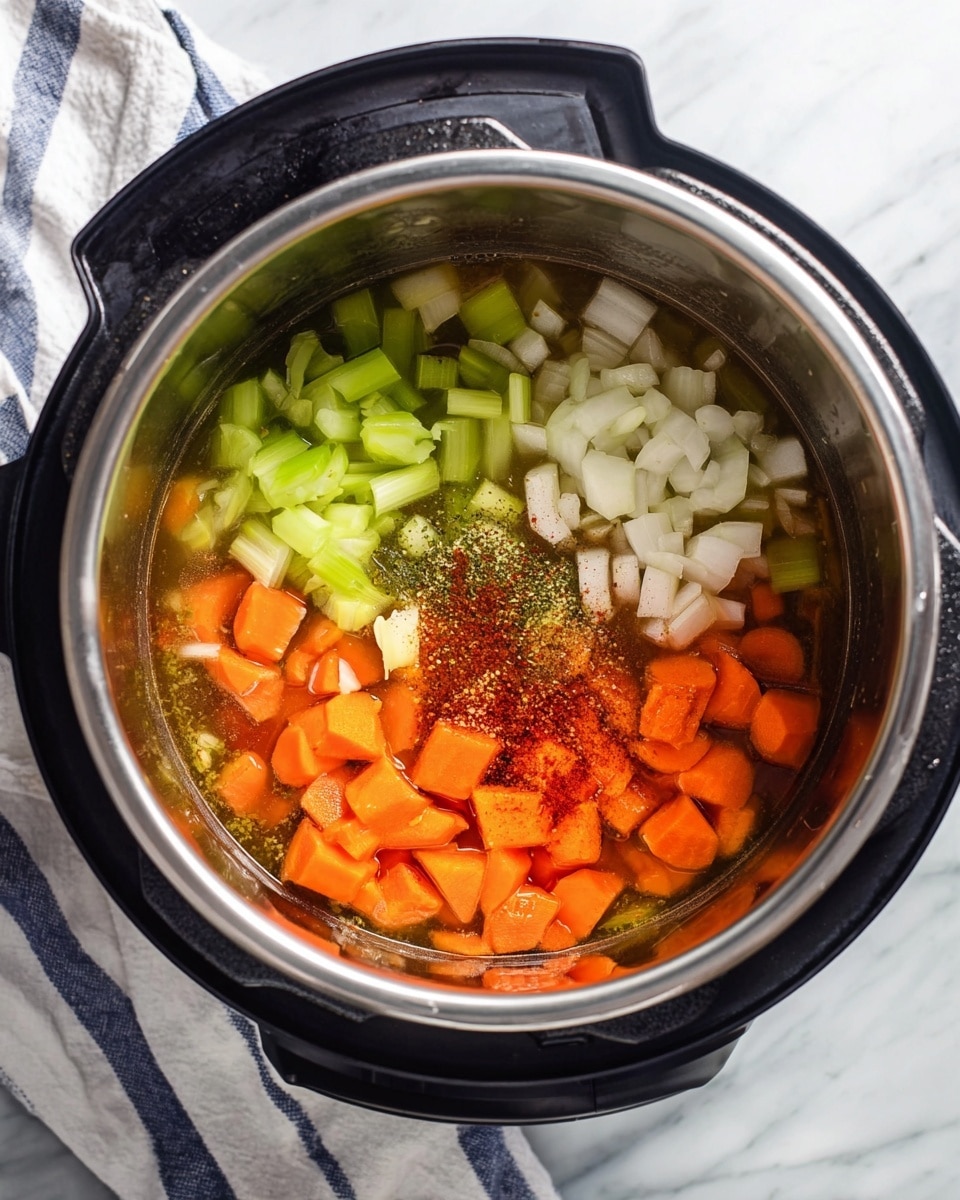 Inside a stainless steel inner pot of a black instant pot, there is a clear broth filled with four main layers of ingredients. At the top right, there are white chopped onions with a slightly translucent appearance. Below that, bright orange chunks of carrot pieces form the second layer. On the left side, there are fresh, light green celery pieces with a crisp texture. In the center, a mix of reddish spices and herbs spreads lightly over the ingredients below. The instant pot sits on a white marbled surface next to a white towel with blue stripes. photo taken with an iphone --ar 4:5 --v 7