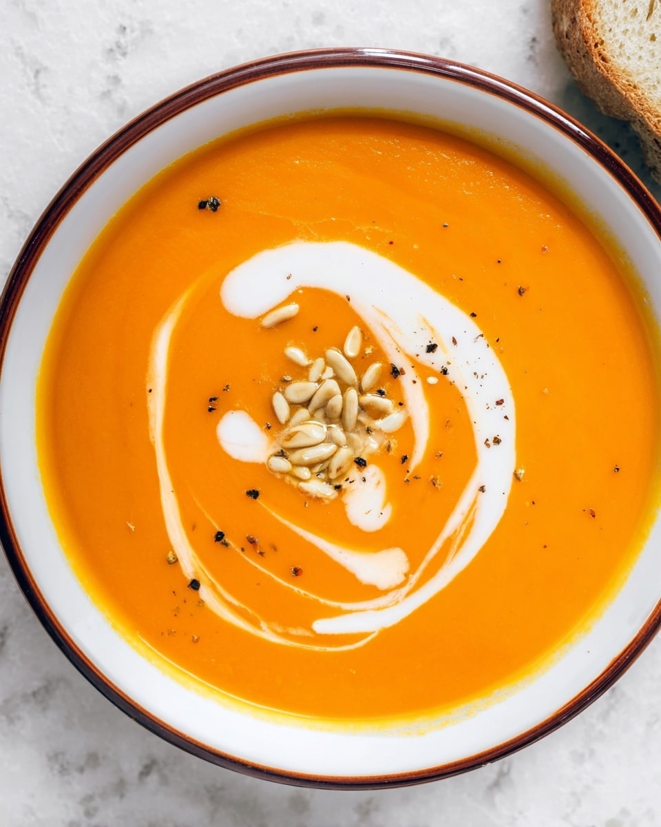 The image shows a bowl of smooth orange soup in a white bowl with a thin brown rim. The soup is topped with a swirl of white cream that curves across the surface, adding contrast to the bright orange color. In the center, there is a small pile of light brown toasted seeds or nuts. There are small black pepper flakes scattered on top of the soup, giving it a bit of texture. The bowl sits on a white marbled surface. In the top right corner, there is a piece of light, soft bread. Photo taken with an iphone --ar 4:5 --v 7