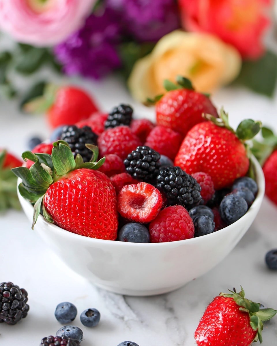 A white bowl filled with many fresh berries sits on a white marbled surface. The bowl holds large, bright red strawberries, some whole and one cut in half showing the inside. There are also deep red raspberries, dark blackberries, and small blue blueberries all mixed together. The berries look fresh and shiny with green leaves still attached to some strawberries. Around the bowl, there are blurred colorful flowers in the background. Photo taken with an iphone --ar 4:5 --v 7