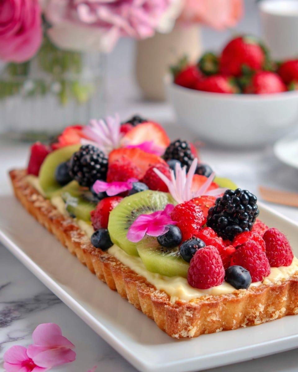 The image shows a rectangular tart with a golden, crispy crust on the bottom. On top of the crust, there is a layer of smooth cream filling. The tart is decorated with various fresh fruits arranged in rows: slices of green kiwi, whole red raspberries, blackberries, blueberries, and halved strawberries. Pink and white flower petals are scattered on top, adding a soft, colorful touch. The tart is placed on a long white plate on a white marbled surface with a blurred background of pink flowers and a white bowl with strawberries. Photo taken with an iphone --ar 4:5 --v 7