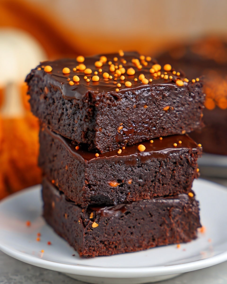 The image shows three thick, square-shaped brownies stacked on a white plate. Each brownie has a dark, rich chocolate color with a moist and slightly dense texture visible on the sides. The top layer of each brownie is covered with a smooth, shiny chocolate glaze, decorated with small, round orange sprinkles scattered evenly. The background features a white marbled texture with soft focus elements in warm tones, giving a cozy feeling. photo taken with an iphone --ar 4:5 --v 7