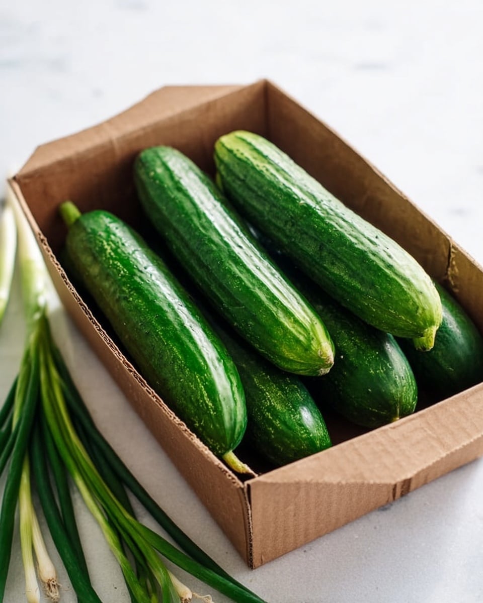 A small brown cardboard box filled with six dark green cucumbers that have a shiny and slightly bumpy texture. The cucumbers are stacked in two layers inside the box, with some cucumbers resting horizontally on top of others. To the left side of the box, there are several fresh green scallions laid out diagonally on a white marbled surface. The background is bright and softly blurred, highlighting the fresh vegetables clearly. photo taken with an iphone --ar 4:5 --v 7