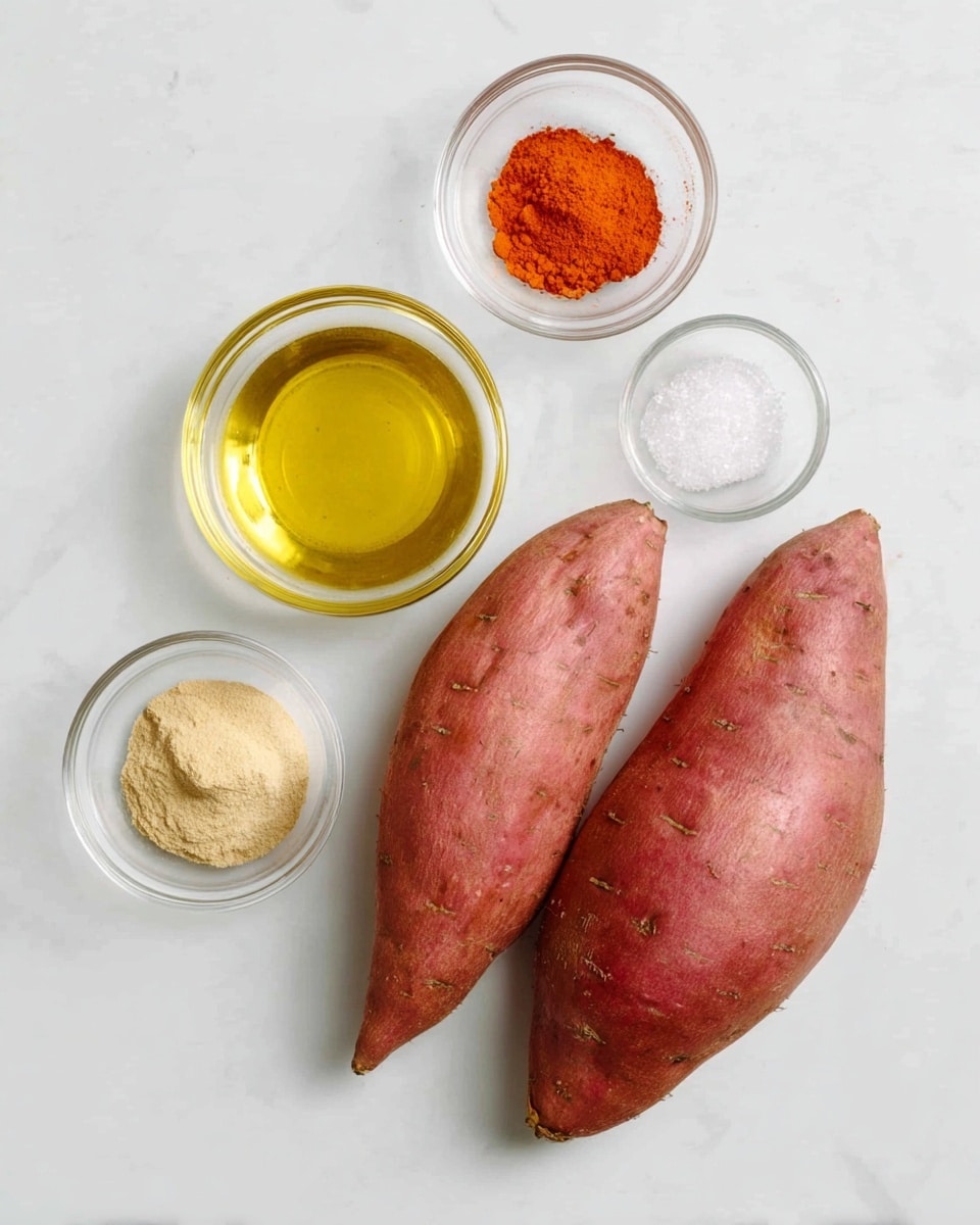 The image shows two whole raw sweet potatoes with reddish-brown skin placed side by side on a white marbled surface, surrounded by four small glass bowls. One bowl contains golden yellow oil, another has bright orange-red powder, the third holds a light beige powder, and the last one has a clear white substance, likely salt. The scene is simple, bright, and clean, with all ingredients spaced evenly on the white marbled background. photo taken with an iphone --ar 4:5 --v 7