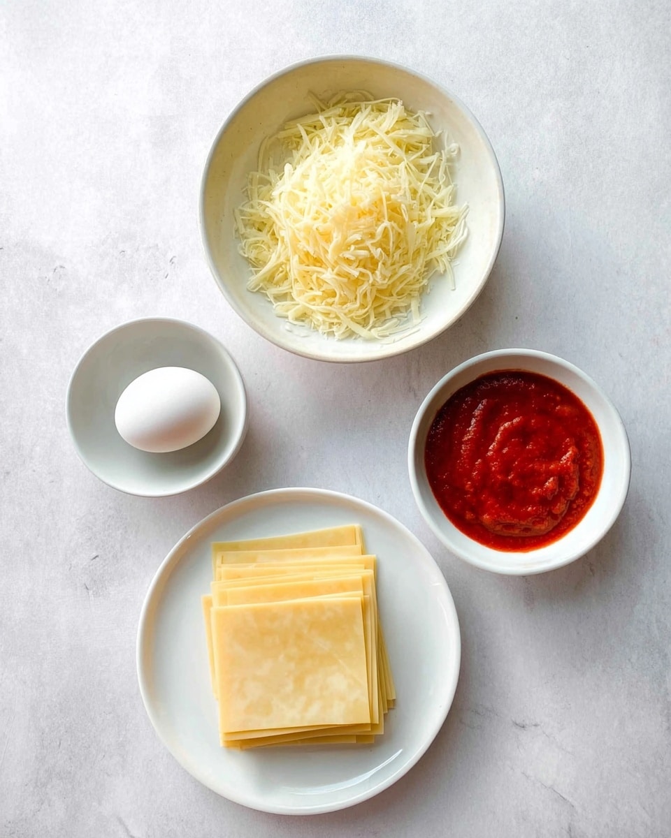 The image shows four small white bowls on a white marbled surface. The top bowl holds a heap of shredded pale yellow cheese. To the right, a white plate is stacked neatly with six flat, square sheets of pale yellow pasta. Below the pasta plate, another white bowl contains a bright red tomato sauce with a smooth texture. To the left, a small white bowl holds a single white egg. The arrangement is simple and clean, with each bowl and plate spaced evenly. photo taken with an iphone --ar 4:5 --v 7