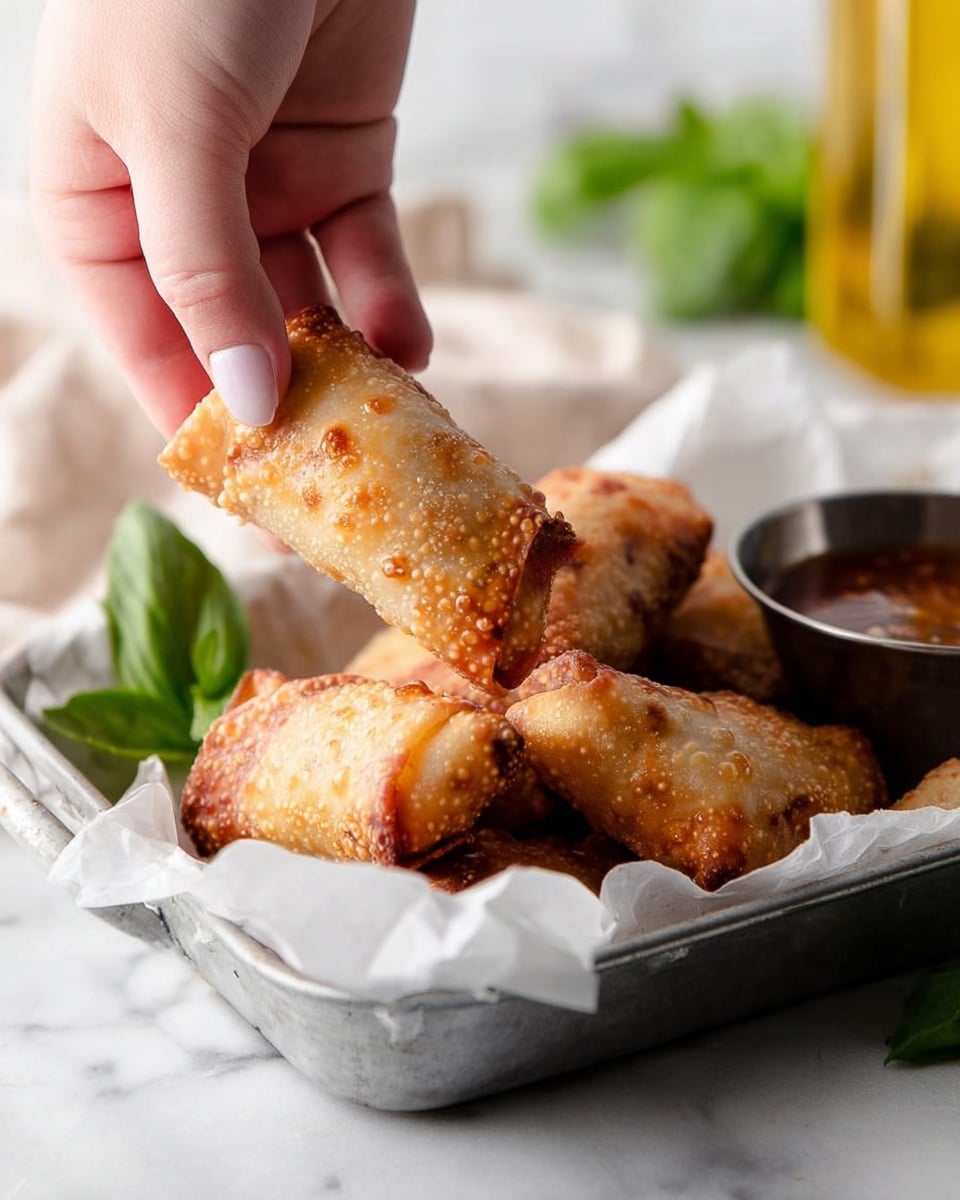 A woman's hand is picking up a golden-brown, crispy egg roll from a small pile of similar egg rolls placed on white parchment paper inside a silver tray. The egg rolls have a bubbly, textured surface with a sheen of oil, showing their crunchiness. Behind the tray, there is a small metal bowl filled with a deep reddish-brown dipping sauce. Fresh green basil leaves rest near the edge of the tray, adding a pop of color. The background features a white marbled texture, with a blurred bottle of yellow oil and some greenery in soft focus. photo taken with an iphone --ar 4:5 --v 7
