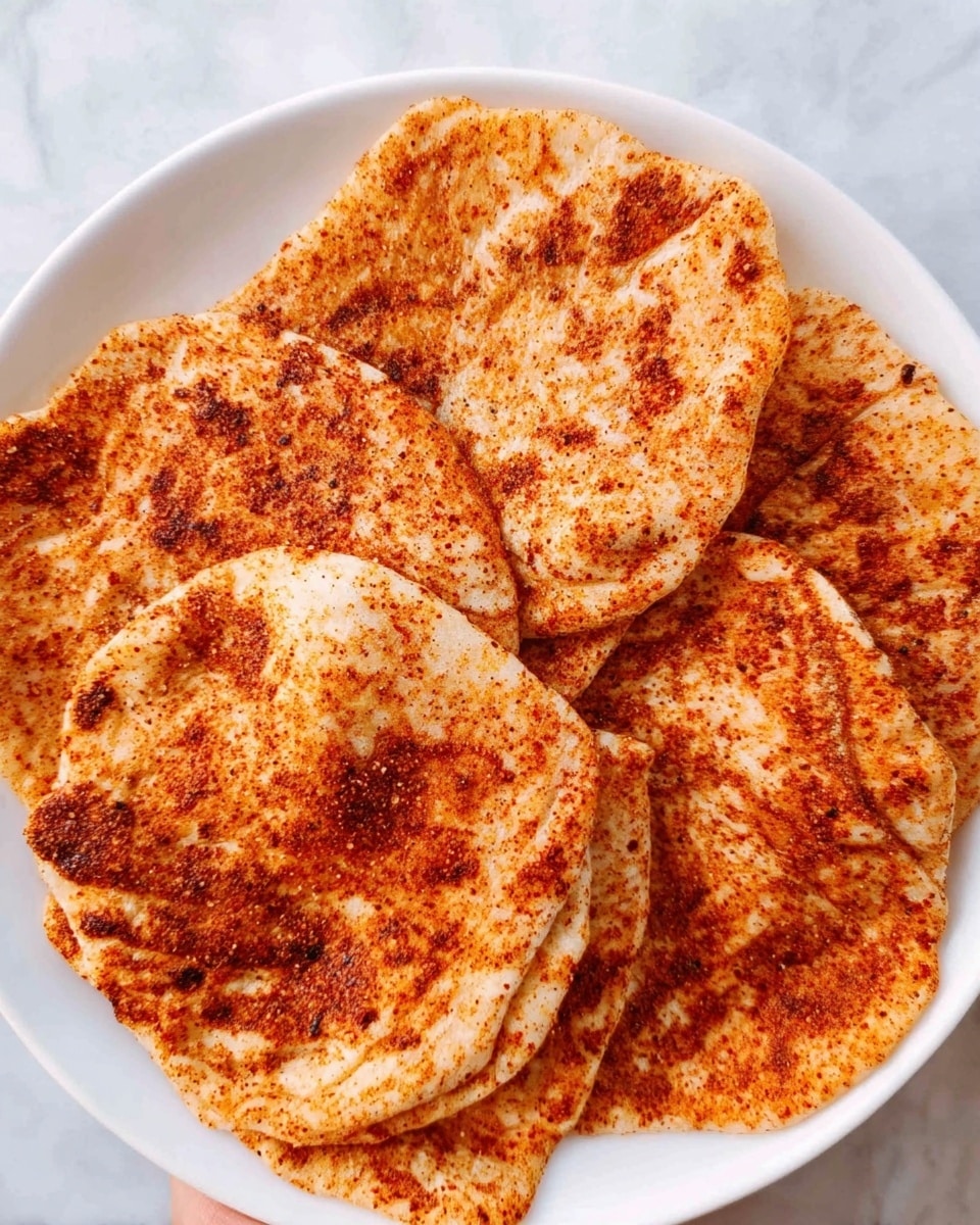 The image shows a white plate filled with several round, folded pieces of flatbread that are generously coated with a reddish-brown spice mix. The flatbreads have a slightly uneven texture with some darker and lighter spots, indicating a light cooking or toasting. They are stacked and overlapping each other, filling the entire plate. The background is a white marbled surface. A woman's hand is partially visible, touching the edges of one of the flatbreads. photo taken with an iphone --ar 4:5 --v 7