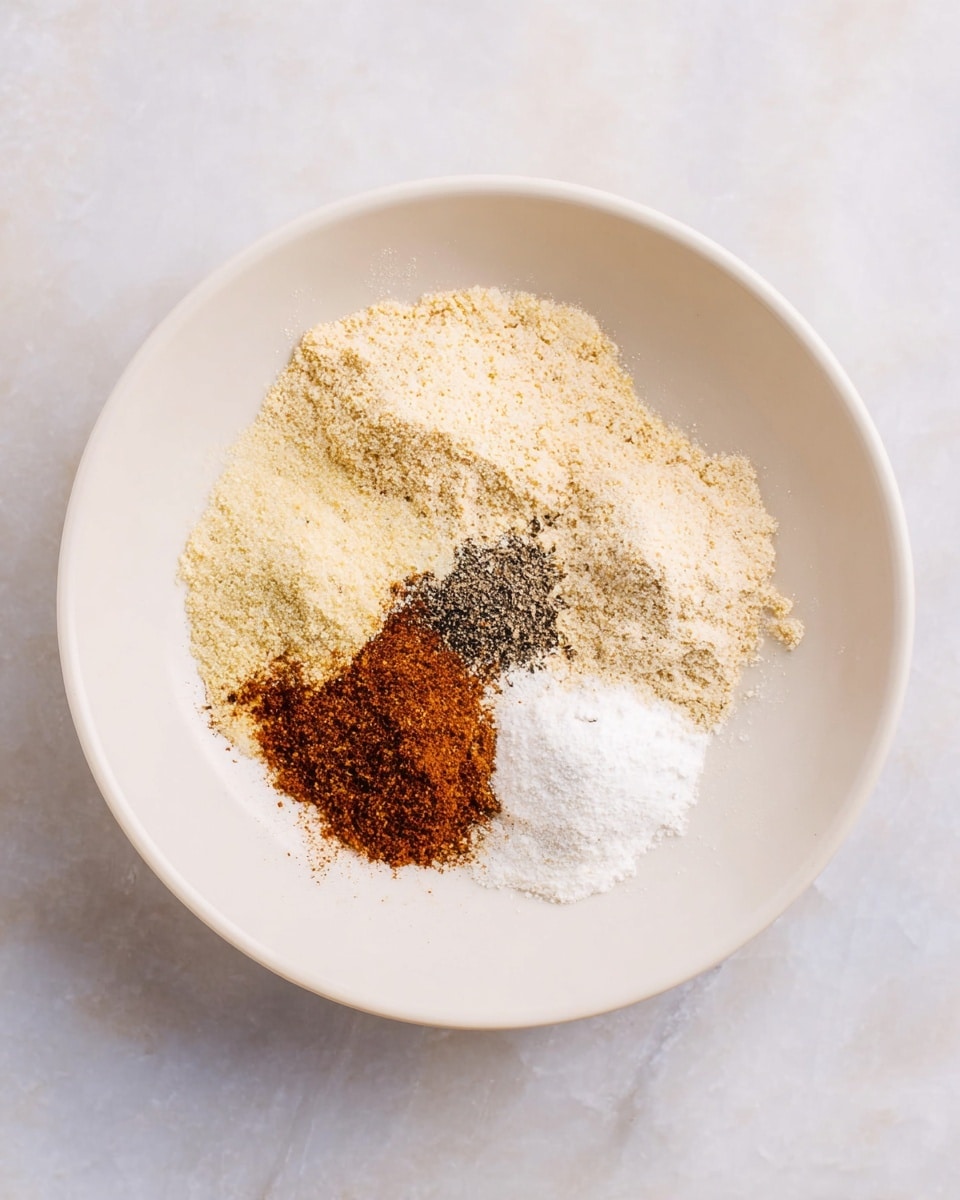 A white bowl on a white marbled surface holds several dry ingredients separated in small piles. There are five distinct piles of powder: one is light beige and grainy, another is fine and pale yellow, a third is black pepper specks, the fourth is a bright reddish-brown spice, and the last pile is white powder. The powders form a loose circle in the bowl, each with a different texture and color, highlighted by soft natural light. photo taken with an iphone --ar 4:5 --v 7