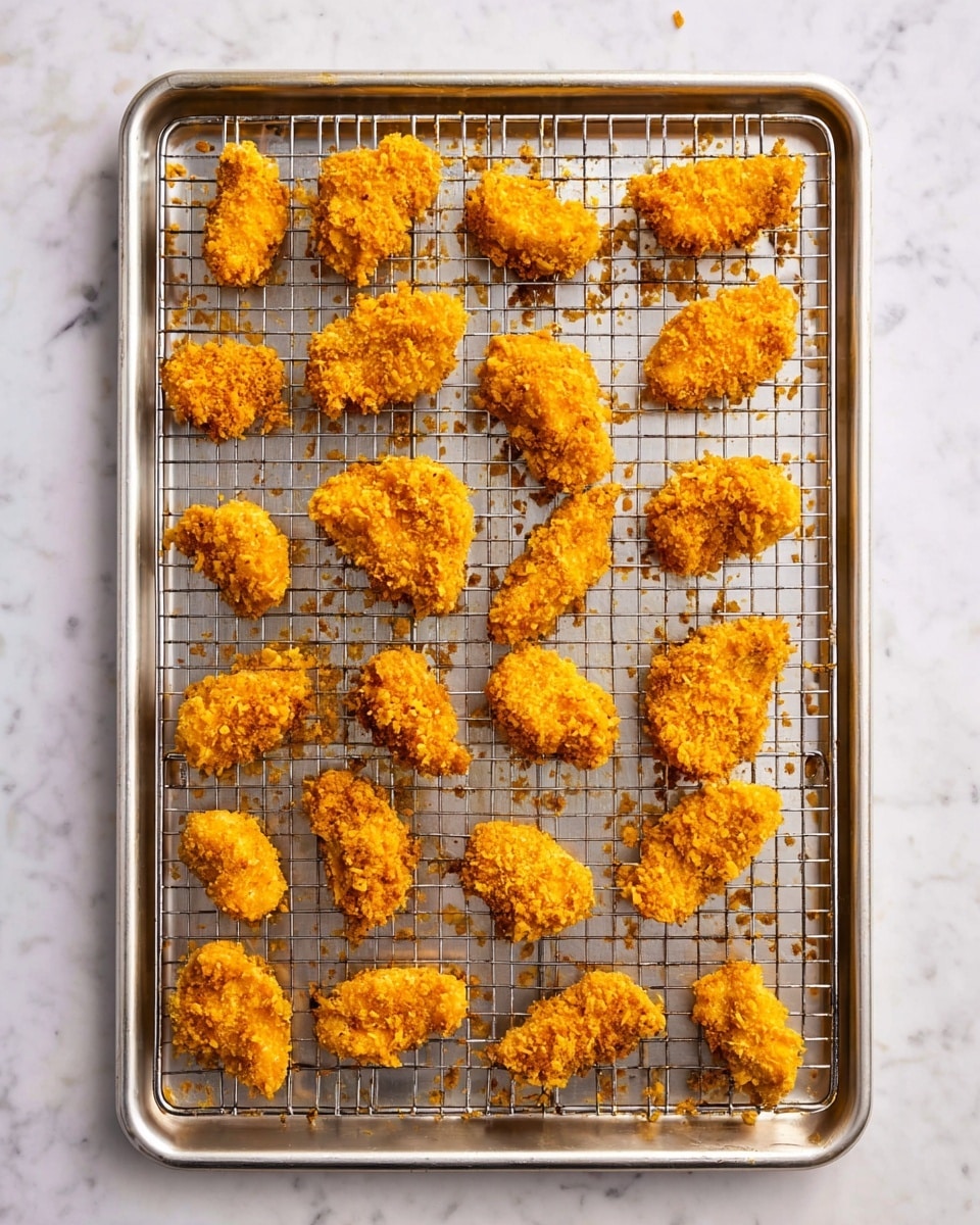 A silver baking tray filled with two wire racks that hold small, uneven pieces of bright golden-yellow breaded chicken, showing a crispy and crunchy texture. The chicken pieces are scattered in rows on both racks, with some crumbs and small bits of coating fallen around them. The tray sits on a white marbled surface that provides a clean and simple background. photo taken with an iphone --ar 4:5 --v 7