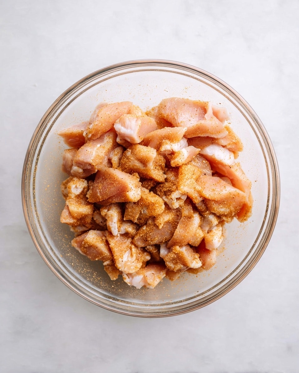 A clear glass bowl filled with small pieces of light pink raw chicken that are coated with a light brown spice mix. The chicken pieces vary in size and texture, showing a moist and slightly shiny surface. The bowl is placed on a white marbled surface, which adds a clean and bright background to the image. Photo taken with an iphone --ar 4:5 --v 7