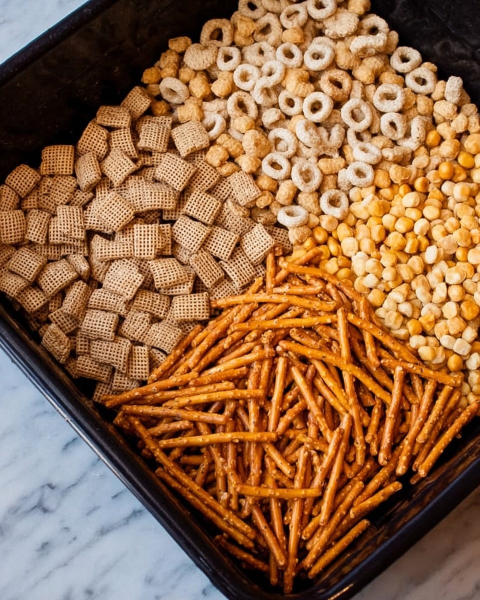 A close-up top view of a black rectangular pan filled with four types of snacks arranged in distinct sections. On the left, there are light brown square cereal pieces with a woven texture, blending into smaller round yellowish pieces in the middle-left section. Next to these, in the middle-right section, there are small, pale cream-colored ring-shaped cereal pieces. The right section contains long, orange-brown, thin stick snacks stacked loosely. The pan is placed on a white marbled surface. photo taken with an iphone --ar 4:5 --v 7