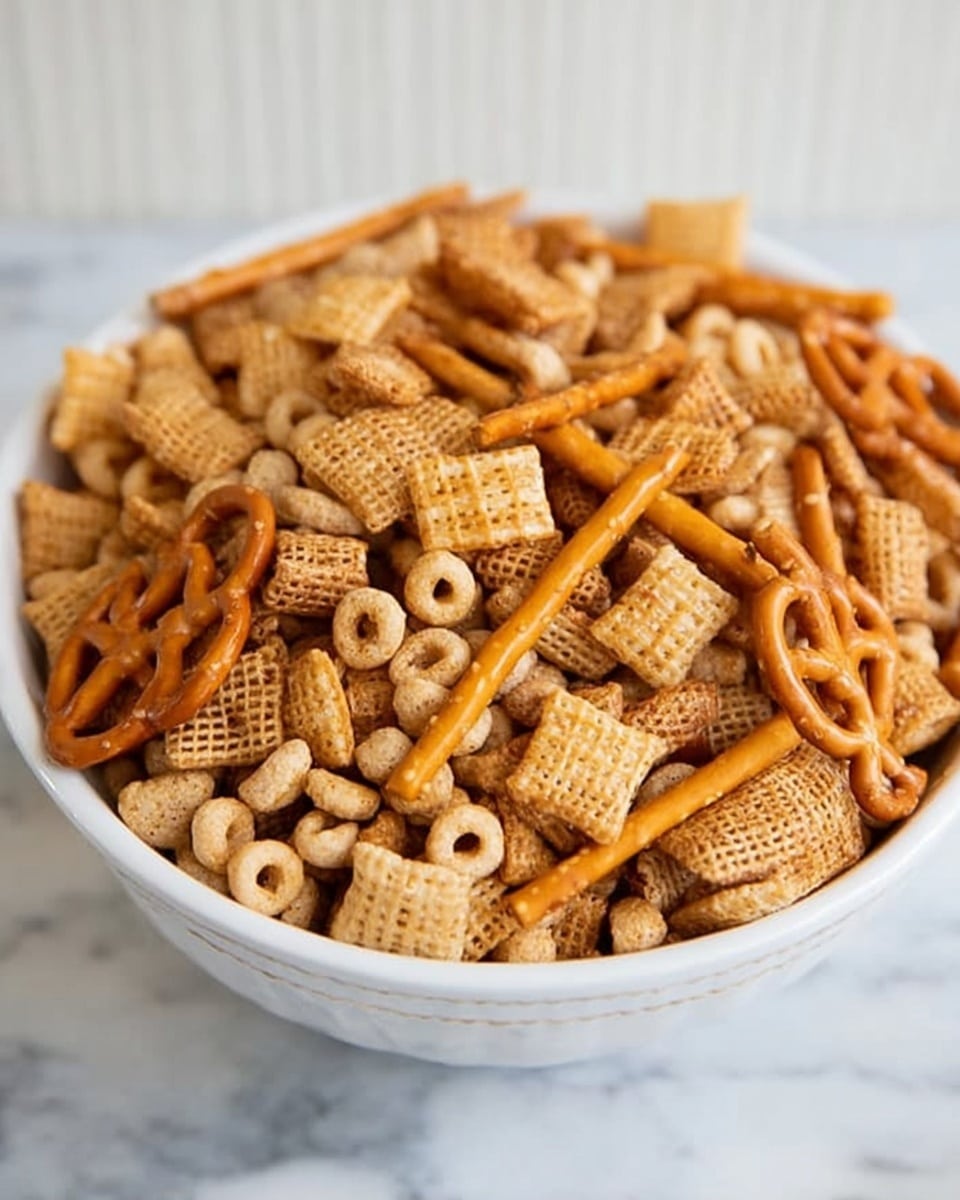 A white bowl filled with a mix of snack items. The bottom layer consists of small round cereal pieces with holes in the center, light brown in color. On top, there are square pieces of cereal with a woven texture, golden brown. Scattered throughout are thin, crunchy breadsticks, also golden brown. The bowl sits on a white marbled surface, with a white wooden background behind it. photo taken with an iphone --ar 4:5 --v 7