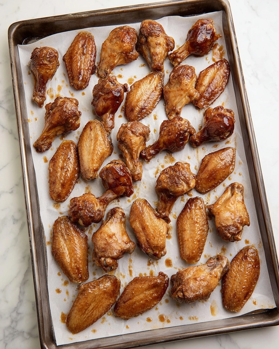 A baking tray lined with white parchment paper holds 20 cooked chicken pieces arranged in neat rows. There are two types of chicken pieces: drumsticks and wings. The drumsticks, positioned mainly in the corners and middle right, have a rich brown color with some glossy areas where sauce glistens. The wings, making up most of the tray, have a golden tan color with a slightly crispy texture, showing defined skin patterns. Small drops of sauce are scattered on the parchment paper around the chicken pieces. The tray sits on a white marbled surface. photo taken with an iphone --ar 4:5 --v 7