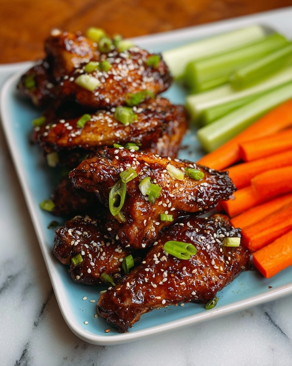 A white plate holds six glossy, dark brown glazed chicken wings sprinkled with white sesame seeds and small green onion pieces, placed closely together in the front and center of the plate. To the right edge of the plate, there are bright orange carrot sticks and light green celery sticks neatly lined up side by side. The background shows a white marbled texture surface. The photo taken with an iphone --ar 4:5 --v 7