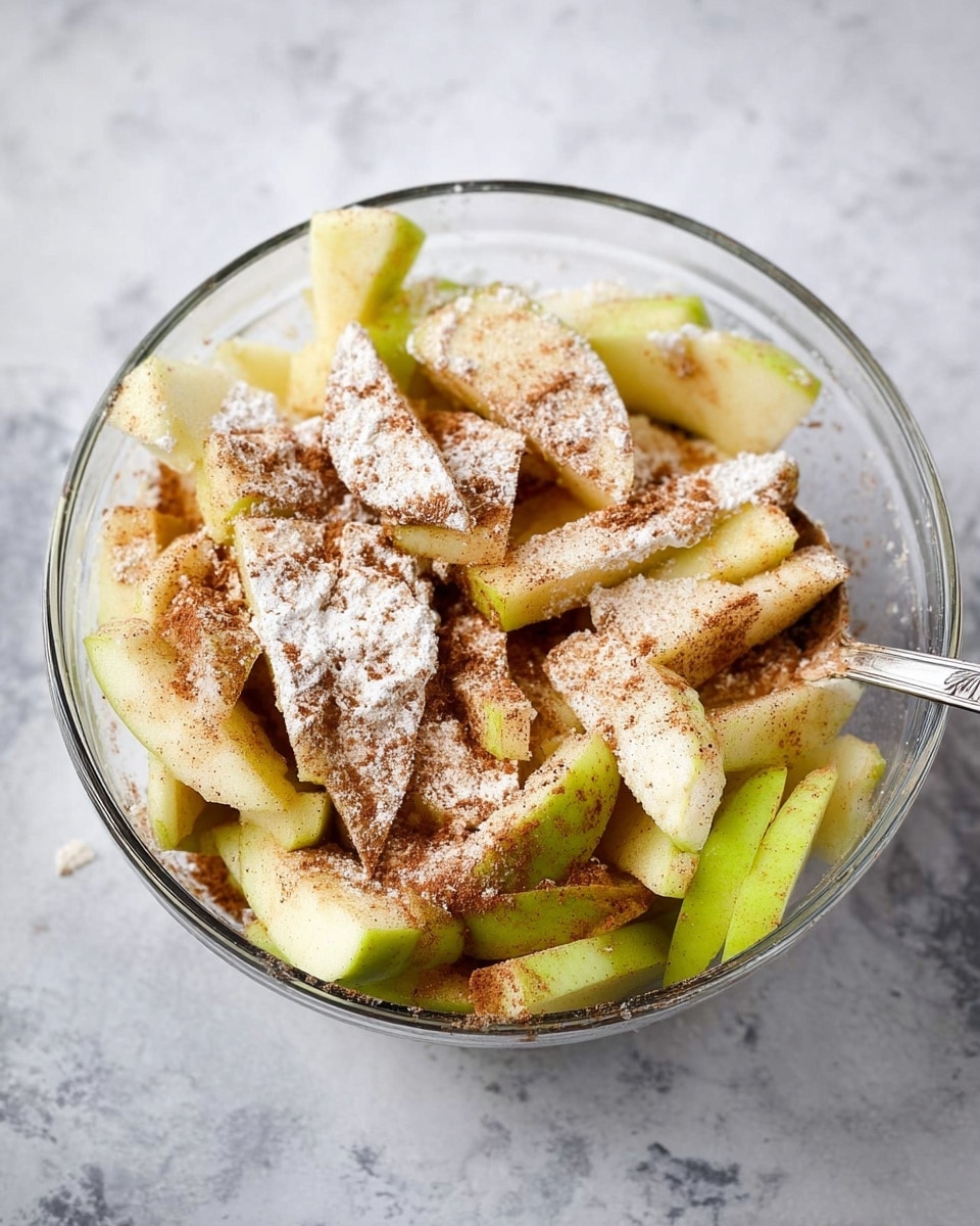 A clear glass bowl filled with several layers of peeled, sliced green apples arranged unevenly. The apple slices are dusted generously with light brown cinnamon powder and white flour, giving a speckled and powdery texture over the fruit. A metal spoon is partially visible on the right side, scooping up some of the apple mixture. The bowl is placed on a white marbled surface, adding a soft contrast to the bowl and its contents. photo taken with an iphone --ar 4:5 --v 7