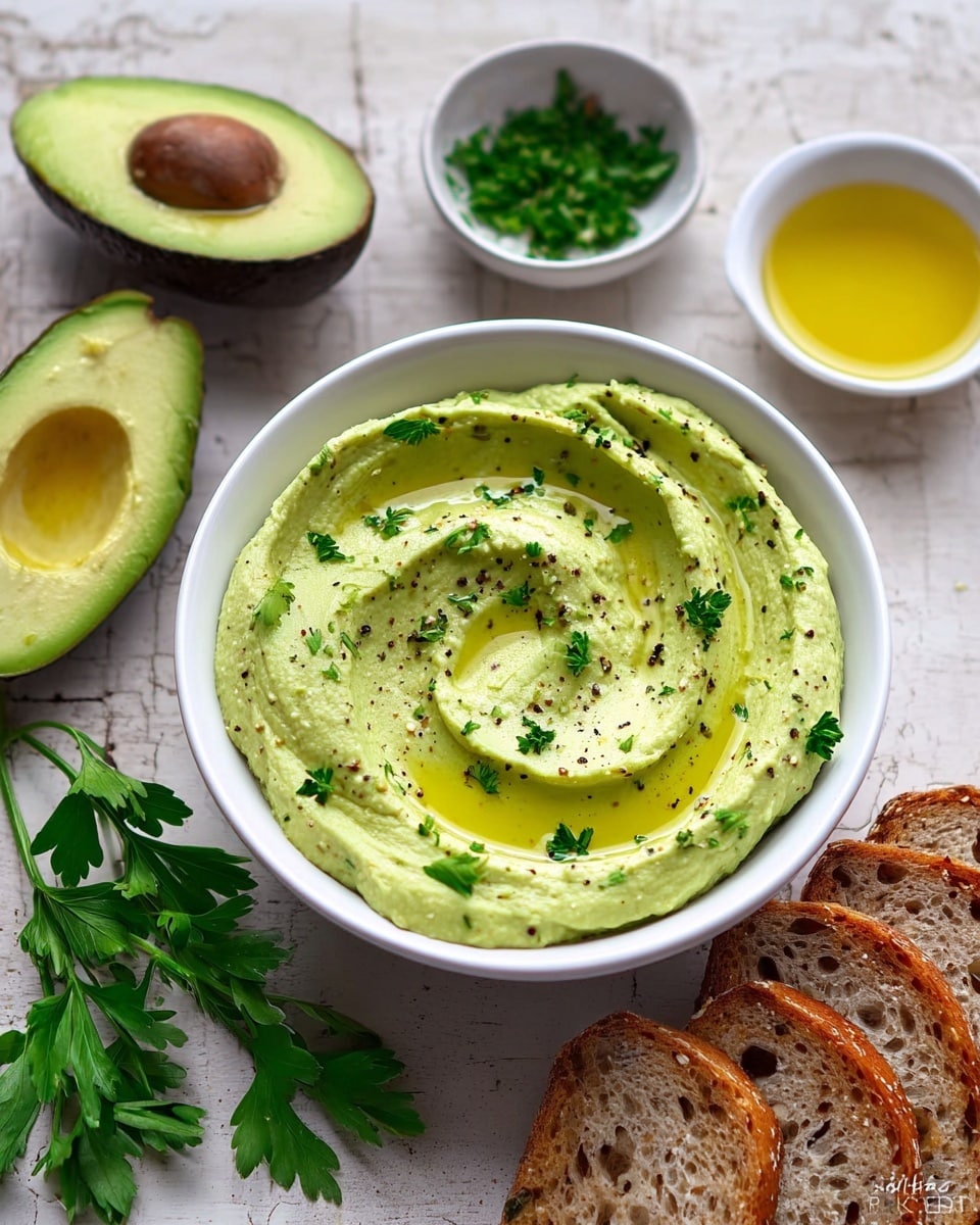 A white bowl filled with smooth, creamy green avocado dip that has small black pepper specks and a drizzle of golden olive oil on top, creating gentle swirls. Around the bowl, there are two avocado halves with bright green flesh, fresh green parsley leaves, three slices of multigrain toasted bread in a stack, a small white bowl with finely chopped green herbs, and another small white bowl filled with golden olive oil. All items rest on a white marbled textured surface. Photo taken with an iphone --ar 4:5 --v 7