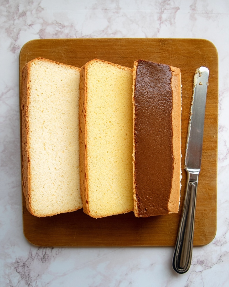 The image shows four rectangular cake layers aligned horizontally on a brown cutting board. The left three layers are light yellow with a soft texture, and the rightmost layer is darker brown on top with a shiny surface. Next to the layers, on the right side of the cutting board, lies a silver knife with a black handle. The background surface is changed to a white marbled texture. Photo taken with an iphone --ar 4:5 --v 7
