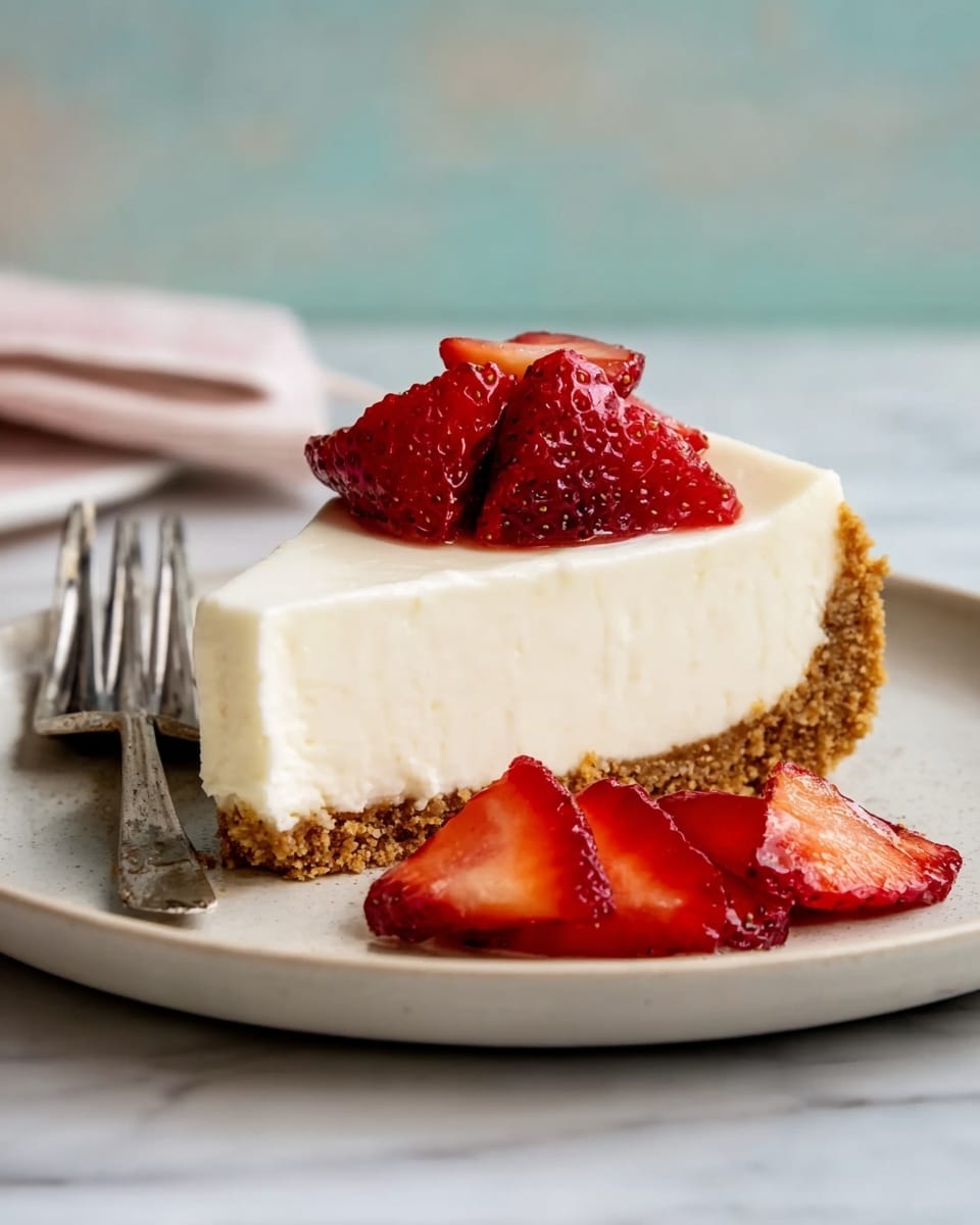 A slice of creamy white cheesecake with a thick, crumbly light brown crust at the bottom sits on a white plate. The cheesecake is topped with three bright red, halved strawberries arranged neatly, and more strawberry halves rest in front, creating a fresh and colorful contrast. The plate is placed on a white marbled surface, with a silver fork positioned to the left. The background is softly blurred with gentle pastel tones. photo taken with an iphone --ar 4:5 --v 7