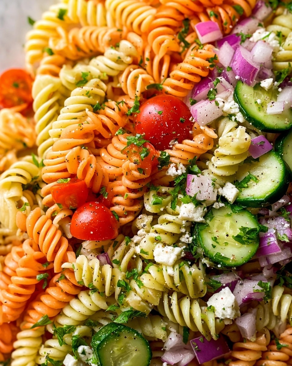 The image shows a close-up of a colorful pasta salad with about three visible layers mixed together. The first layer is a mix of tri-colored rotini pasta spirals in orange, pale yellow, and green, with smooth and slightly glossy textures spread throughout. The second layer consists of sliced cucumbers with bright green skin and pale green inside, halved red cherry tomatoes, and some diced red onions adding a pop of purple color. The third layer has small bits of white cheese and finely chopped fresh green parsley sprinkled all over the salad, along with some ground black pepper visible on the ingredients. The dish is shown on a white marbled texture. photo taken with an iphone --ar 4:5 --v 7