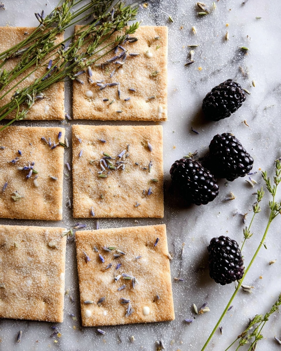 A close-up of six square crackers laid out in two rows of three each on a white marbled surface, covered with a light dusting of white sugar and small purple lavender buds. The crackers are light brown with a slightly rough texture and some white spots inside. Around the crackers, three shiny dark blackberries are scattered, and some green lavender stems with small flowers are placed diagonally on the left side. The overall image has a fresh, natural look with a soft light. photo taken with an iphone --ar 4:5 --v 7