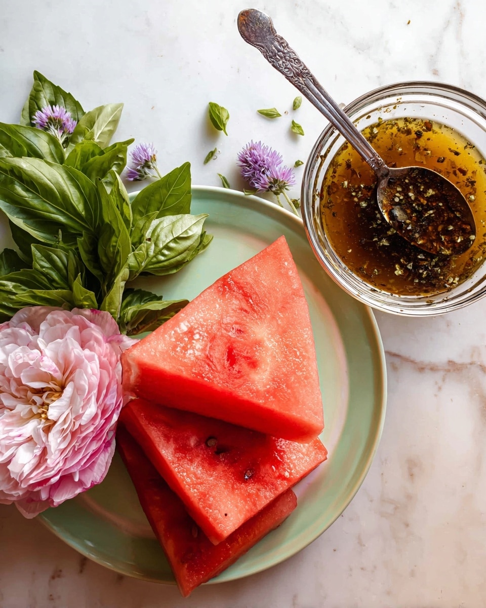 The image shows three triangular slices of bright red watermelon with visible seeds, stacked on a white plate. On the plate’s bottom edge, there is a bunch of fresh green basil leaves and a large light pink flower. Near the watermelon slices, a few small purple flowers are placed. To the right of the plate, there is a clear glass bowl with a dark brown dressing containing small bits of herbs, and a silver spoon stands inside the bowl. The background is a white marbled surface. photo taken with an iphone --ar 4:5 --v 7