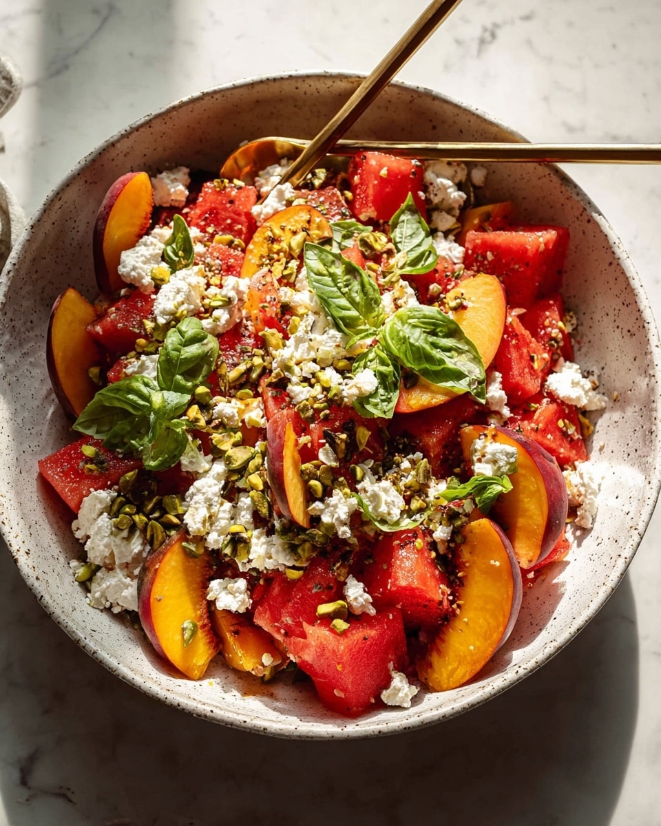 A large white bowl filled with a colorful salad sitting on a white marbled surface. The bottom layer has bright red watermelon cubes spread evenly, mixed with thin slices of yellow and red peaches. On top of this is a layer of crumbled white cheese scattered around, adding a soft texture. Green basil leaves are placed generously over the cheese, giving a fresh look. Small chopped pistachios add a crunchy texture sprinkled all over the salad. Two long golden forks are inside the bowl, ready for serving. In the background, there is a glass of dark iced drink and some fresh basil leaves. photo taken with an iphone --ar 4:5 --v 7
