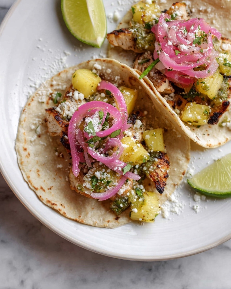 Two small soft white tortillas are folded and placed side by side on a white plate over a white marbled surface. Each tortilla holds a layer of grilled, lightly browned chicken pieces at the bottom. On top, there are bright yellow pineapple chunks mixed with finely chopped green herbs and small pieces of red onion. Thin loops of pickled pink onions rest on each taco, and a light dusting of white crumbly cheese is sprinkled over everything and on the plate. A wedge of lime sits near the edge of the plate. photo taken with an iphone --ar 4:5 --v 7