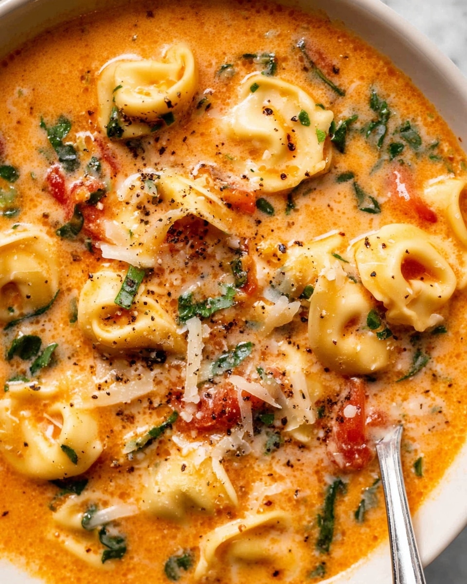 A close-up image of a creamy orange soup filled with small, round tortellini pasta, scattered with bright green chopped herbs and bits of red tomato. The soup has a smooth, rich texture with black pepper sprinkled on top and small shreds of white cheese adding texture. A silver spoon is partially visible in the bottom right corner, dipping into the soup. The whole scene is set against a white marbled surface. photo taken with an iphone --ar 4:5 --v 7
