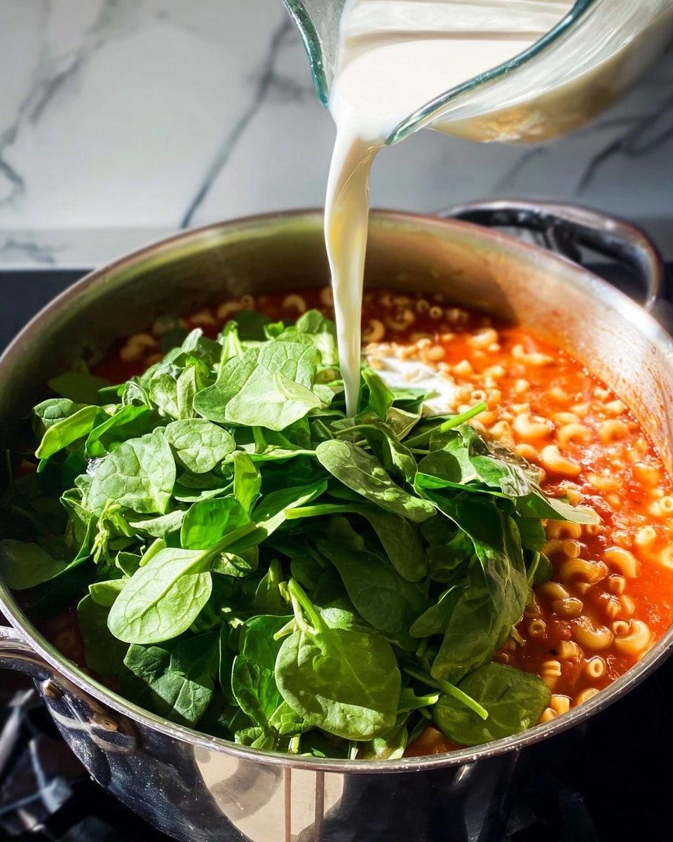 A shiny metal pot filled with three visible layers: the bottom layer is red-orange tomato-based soup with small pasta and beans, the middle layer is a large pile of fresh spinach leaves in bright green, and the top layer is creamy white liquid being poured from a clear glass container onto the spinach and soup. The pot sits on a stove against a white marbled surface background. The bright natural light highlights the textures and colors vividly, photo taken with an iphone --ar 4:5 --v 7
